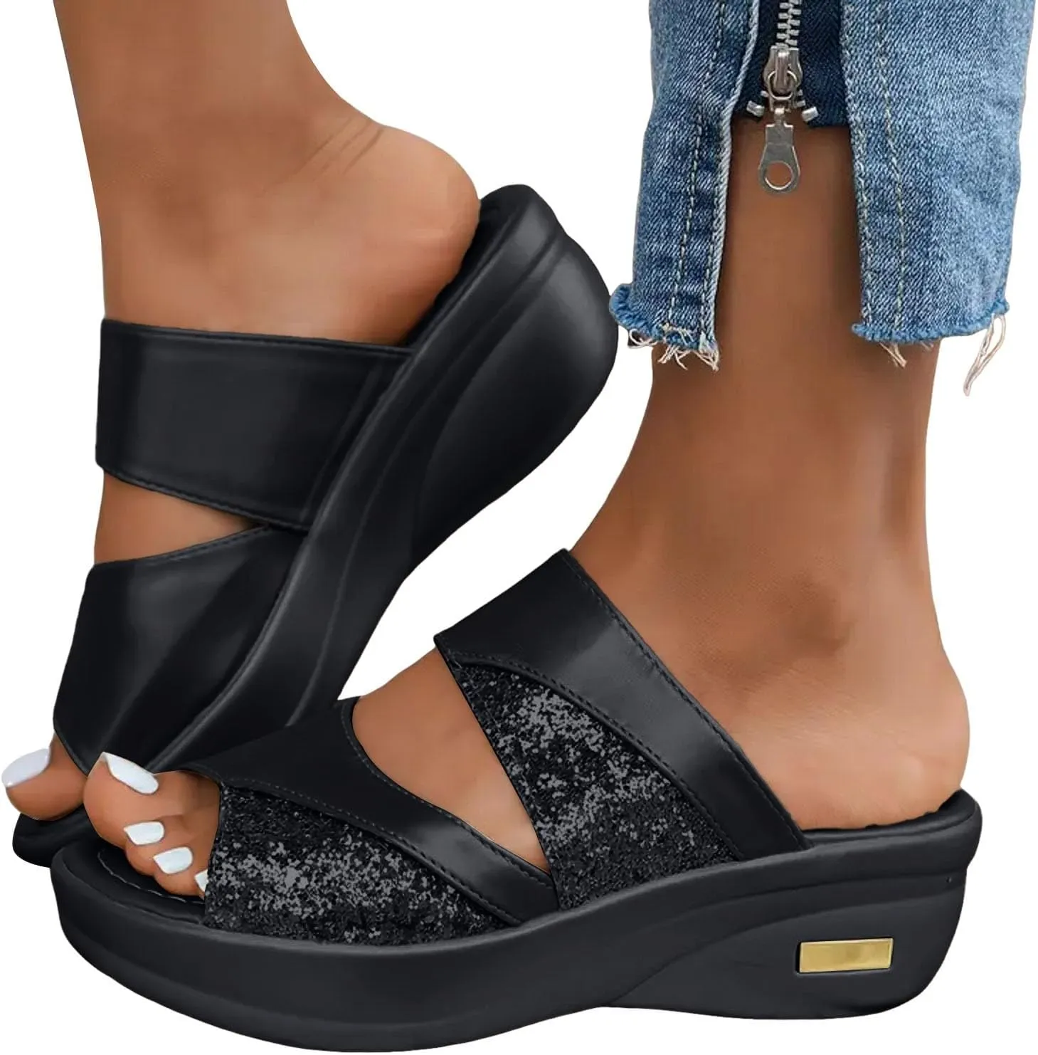 Sandals for Women 2025 Wide Width Two Bands Wedge Slippers Soft Cushion Comfortable Walking Slip on Women Shoes