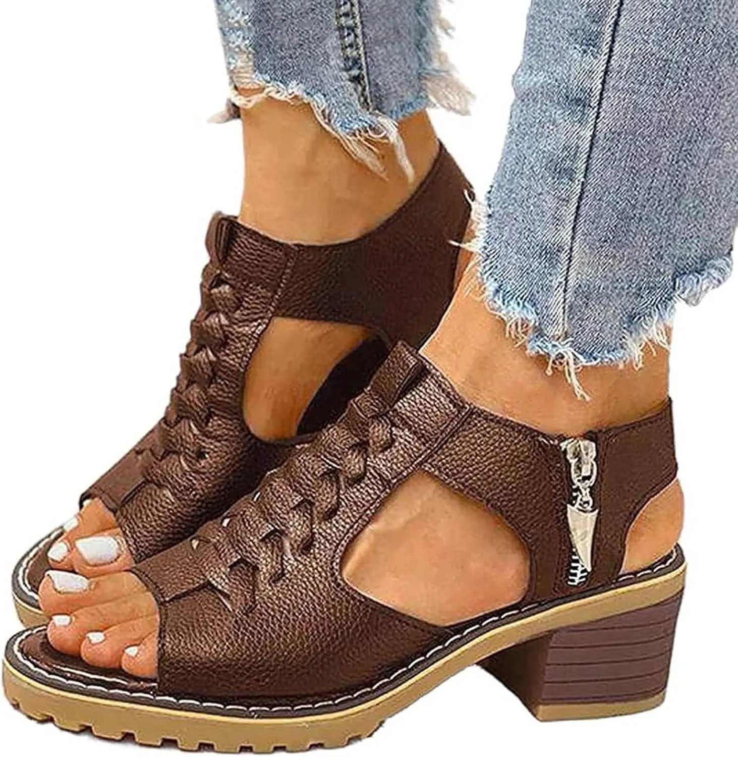 Sandals for Women 2025,Chunky Heel Open Toe Adjustable Ankle Strap Zipper Back High Heel Sandals Dressy Trendy Hollow Non-Slip Summer Shoes Comfortable for Outdoor Vacation