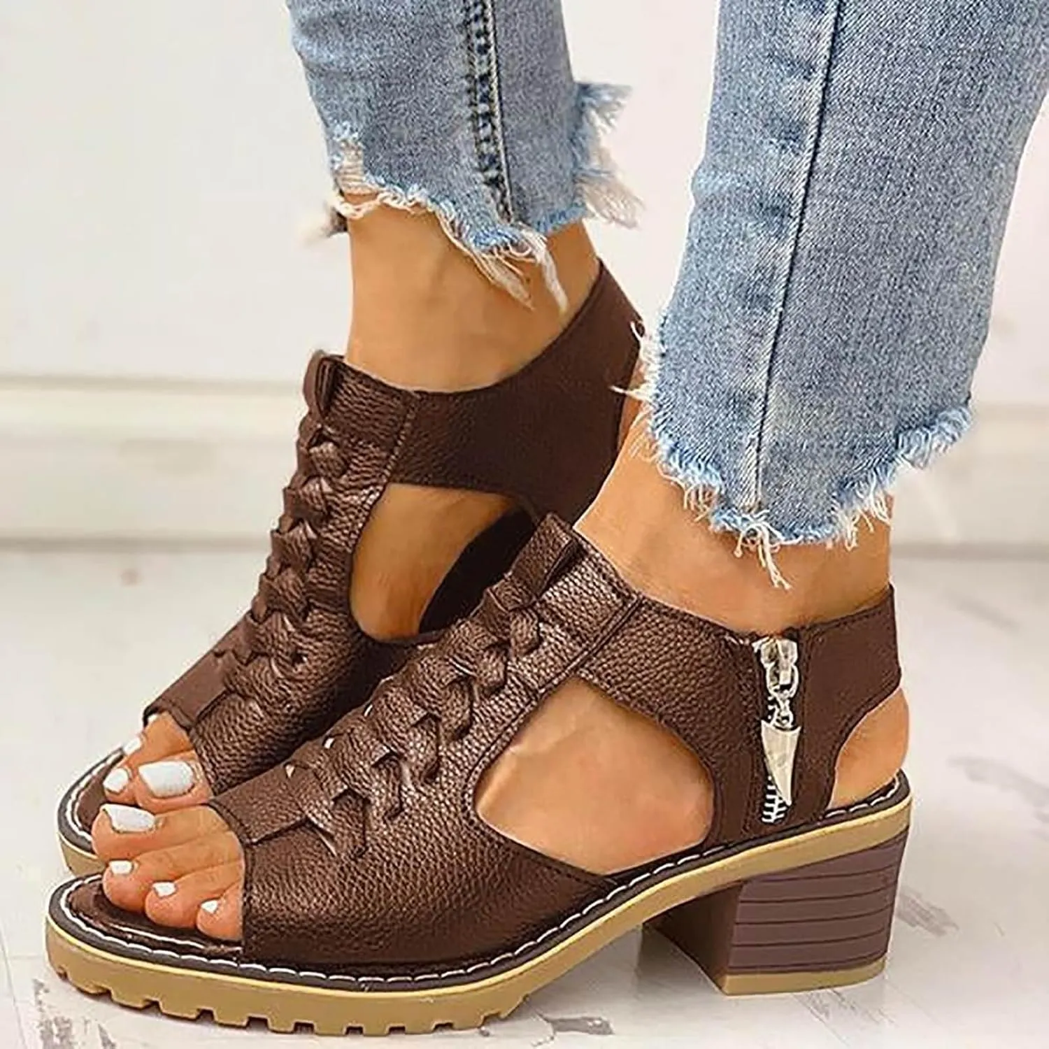 Sandals for Women 2025,Chunky Heel Open Toe Adjustable Ankle Strap Zipper Back High Heel Sandals Dressy Trendy Hollow Non-Slip Summer Shoes Comfortable for Outdoor Vacation