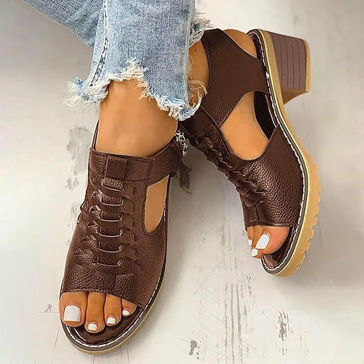Sandals for Women 2025,Chunky Heel Open Toe Adjustable Ankle Strap Zipper Back High Heel Sandals Dressy Trendy Hollow Non-Slip Summer Shoes Comfortable for Outdoor Vacation
