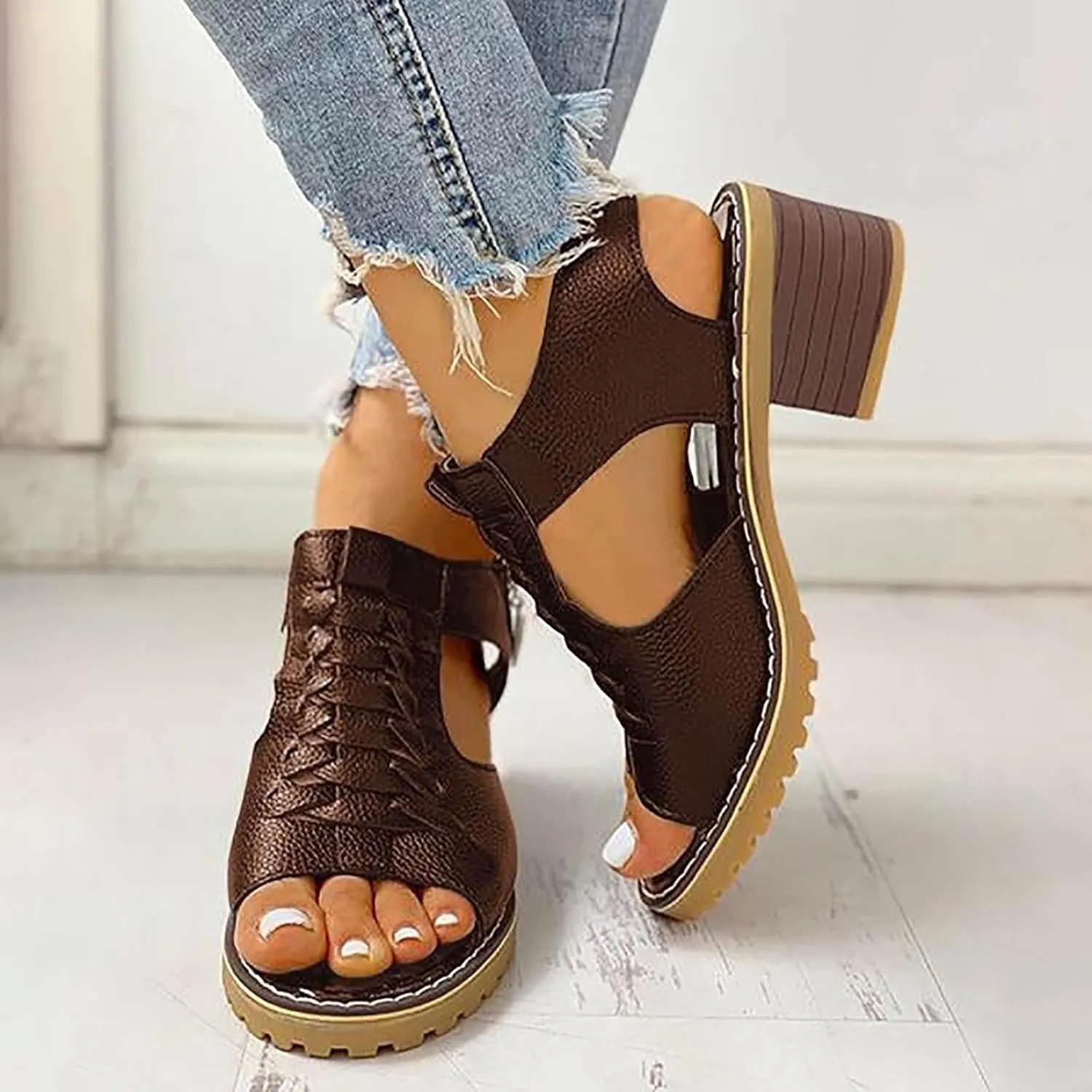 Sandals for Women 2025,Chunky Heel Open Toe Adjustable Ankle Strap Zipper Back High Heel Sandals Dressy Trendy Hollow Non-Slip Summer Shoes Comfortable for Outdoor Vacation