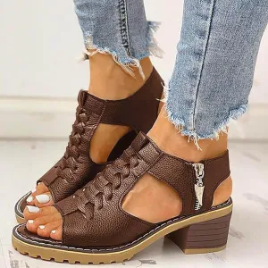 Sandals for Women 2025,Chunky Heel Open Toe Adjustable Ankle Strap Zipper Back High Heel Sandals Dressy Trendy Hollow Non-Slip Summer Shoes Comfortable for Outdoor Vacation
