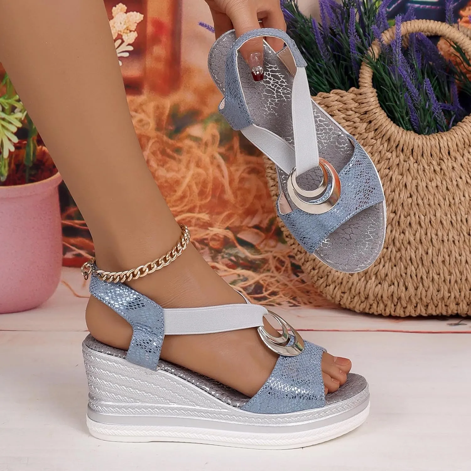 Sandals for Women Wedge Ankle Stretch Strap Open Toe Sandals Dressy Comfortable High Heeled Shoes