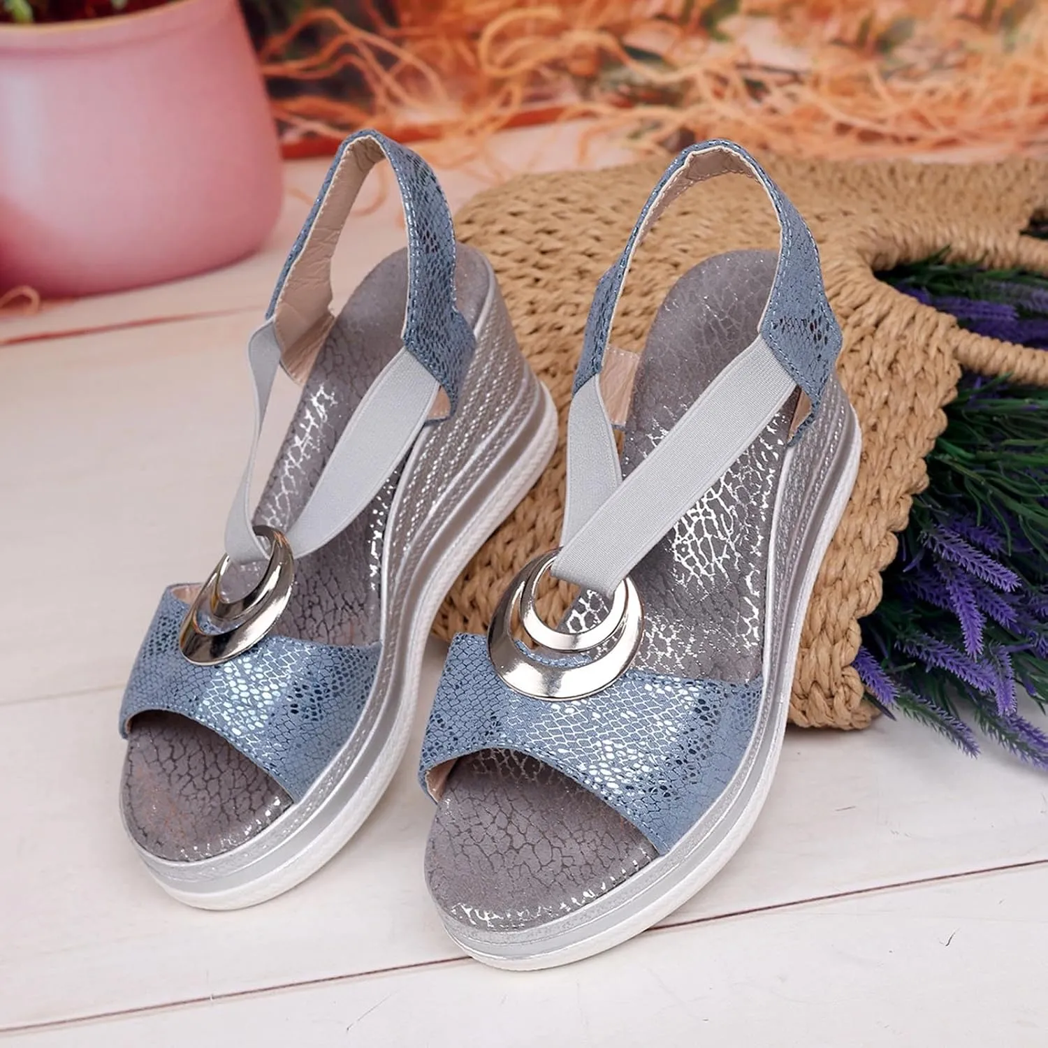 Sandals for Women Wedge Ankle Stretch Strap Open Toe Sandals Dressy Comfortable High Heeled Shoes