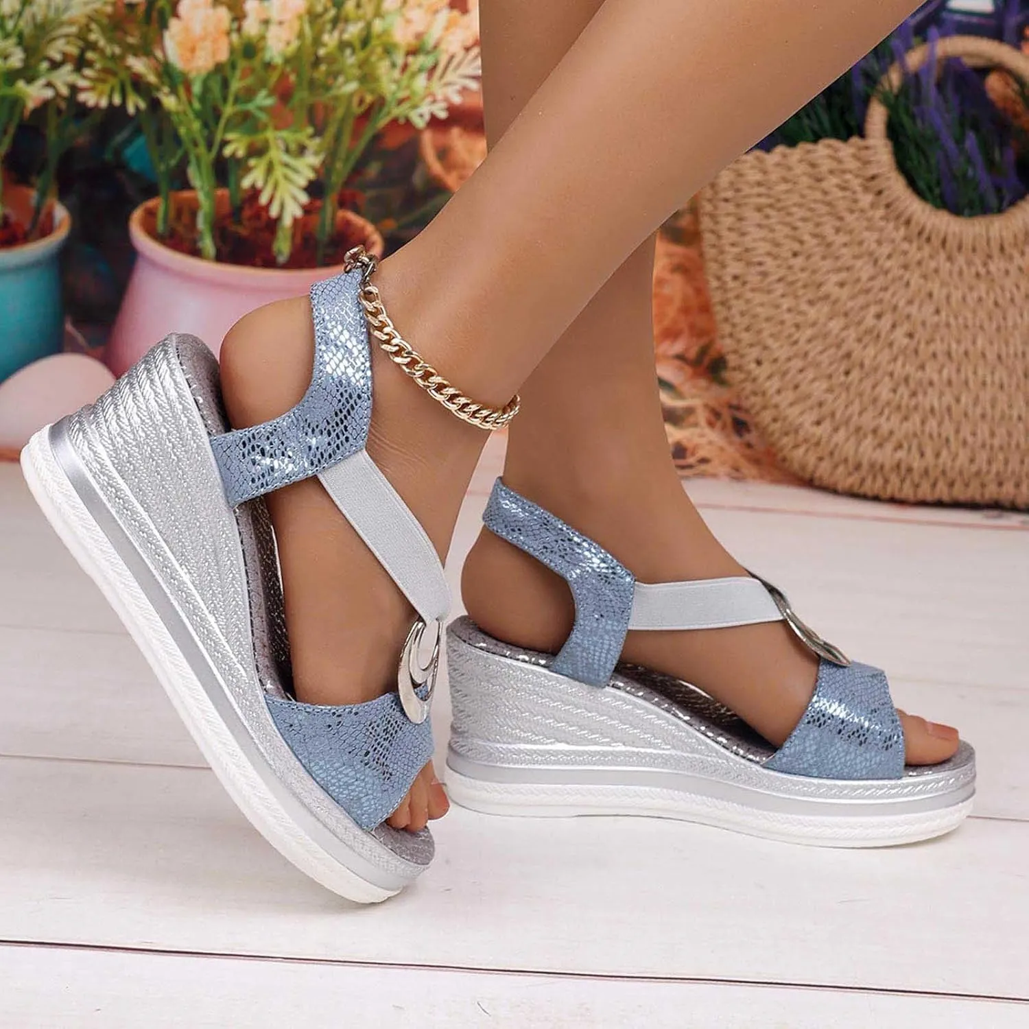 Sandals for Women Wedge Ankle Stretch Strap Open Toe Sandals Dressy Comfortable High Heeled Shoes
