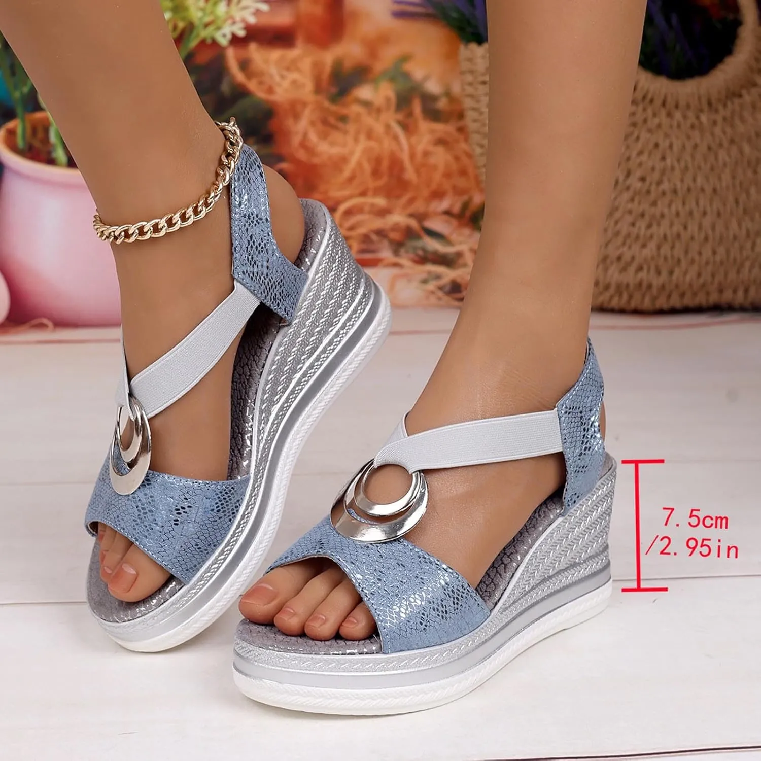 Sandals for Women Wedge Ankle Stretch Strap Open Toe Sandals Dressy Comfortable High Heeled Shoes