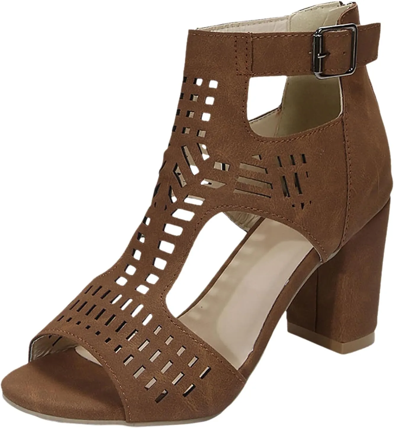 Sandals Strappy Heels Lace Up Square Open Toe Heel Roman Wind Hollow Fashion Back Zip Thick Heeled Sandals Women