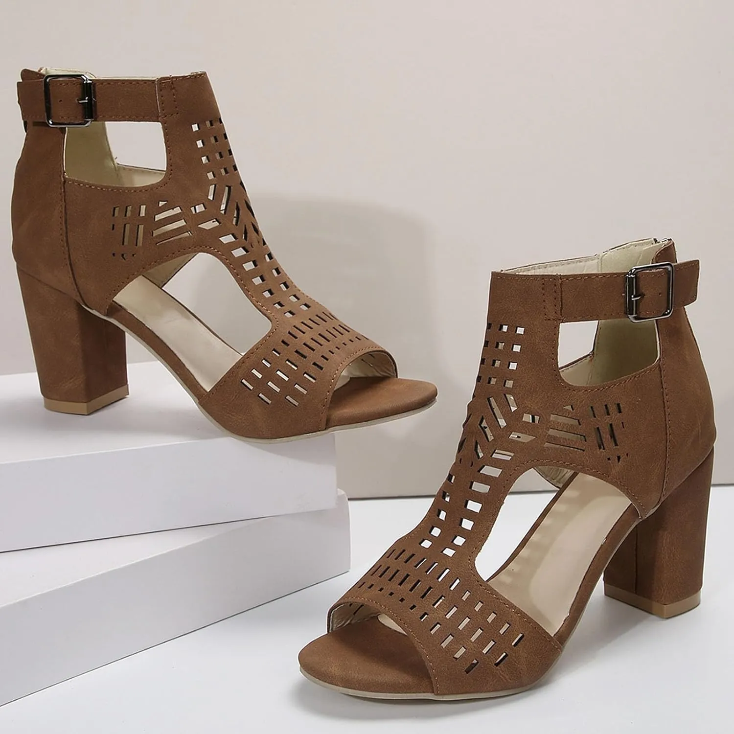 Sandals Strappy Heels Lace Up Square Open Toe Heel Roman Wind Hollow Fashion Back Zip Thick Heeled Sandals Women