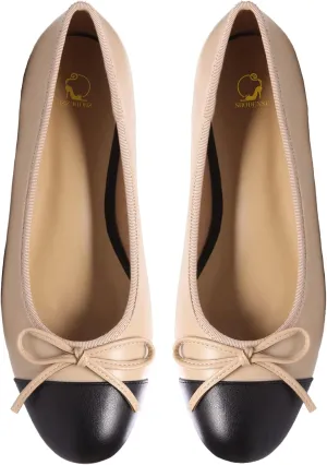 SHODENSE Women Cap Toe Bow Flats Two Tone Slip On Ballet Comfort Closed Round Toe Colorblock 1 Inch Low Flat Heel Dress Shoes Cute Ladies Casual Driver Matte Beige 9 M US