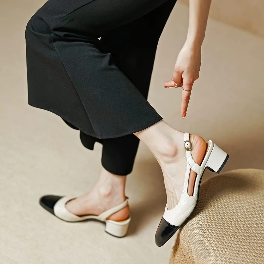SHODENSE Women Chunky Block Heel Slingback Pumps Cap Toe Two-Toned Dress Shoes Quilted Cutout Ankle Buckle Strap Sandals Round Closed Toe Mid Thick Heels Wedding Pump Office Ball Colorblock 4-11 M US