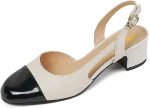 SHODENSE Women Chunky Block Heel Slingback Pumps Cap Toe Two-Toned Dress Shoes Quilted Cutout Ankle Buckle Strap Sandals Round Closed Toe Mid Thick Heels Wedding Pump Office Ball Colorblock 4-11 M US