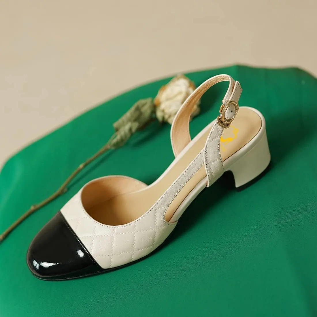 SHODENSE Women Chunky Block Heel Slingback Pumps Cap Toe Two-Toned Dress Shoes Quilted Cutout Ankle Buckle Strap Sandals Round Closed Toe Mid Thick Heels Wedding Pump Office Ball Colorblock 4-11 M US