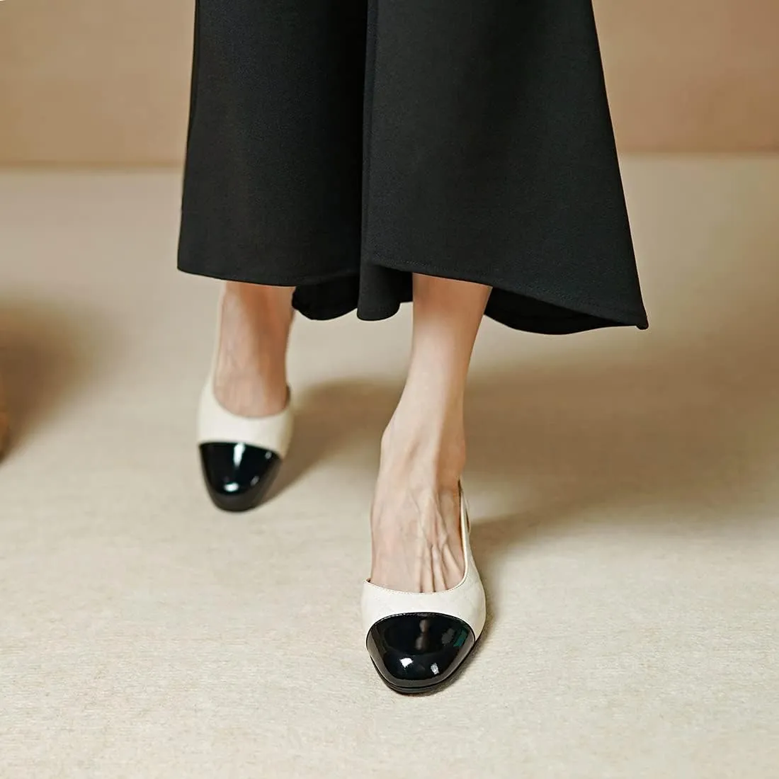 SHODENSE Women Chunky Block Heel Slingback Pumps Cap Toe Two-Toned Dress Shoes Quilted Cutout Ankle Buckle Strap Sandals Round Closed Toe Mid Thick Heels Wedding Pump Office Ball Colorblock 4-11 M US