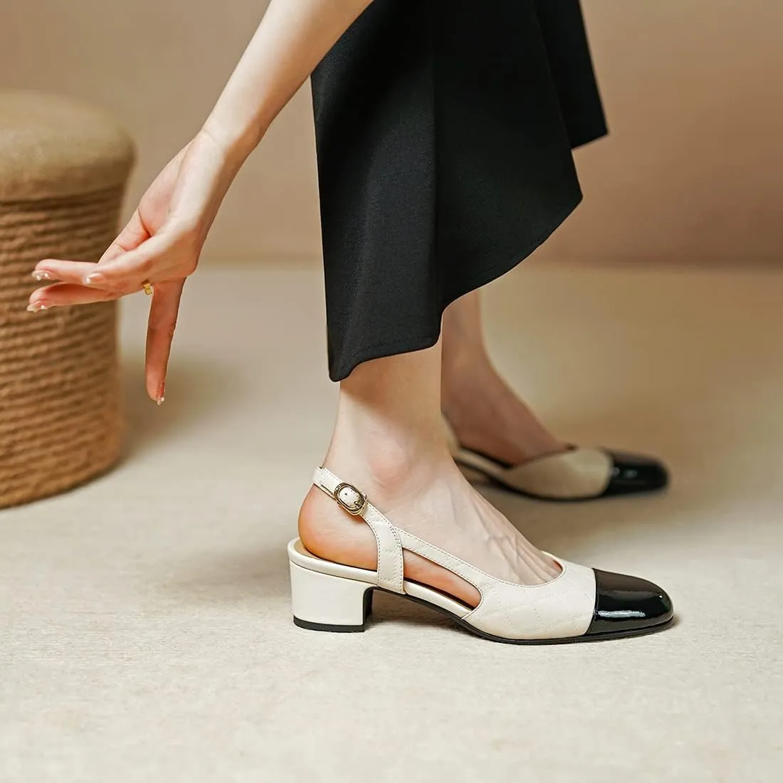 SHODENSE Women Chunky Block Heel Slingback Pumps Cap Toe Two-Toned Dress Shoes Quilted Cutout Ankle Buckle Strap Sandals Round Closed Toe Mid Thick Heels Wedding Pump Office Ball Colorblock 4-11 M US