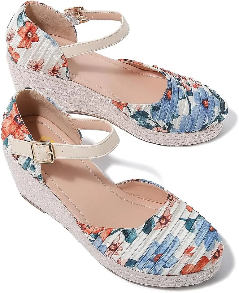 SHODENSE Women Espadrille Wedge Sandals Closed Round Toe Floral Printed Platform Espadrilles Sandals Lace Up Ankle T-Strap Wedge Heel Summer Shoes Cutout for Daily Office Comfort Lightweight 6-11 M US
