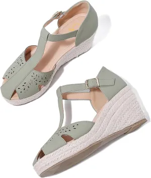 SHODENSE Women Espadrille Wedge Sandals Closed Round Toe Floral Printed Platform Espadrilles Sandals Lace Up Ankle T-Strap Wedge Heel Summer Shoes Cutout for Daily Office Comfort Lightweight 6-11 M US