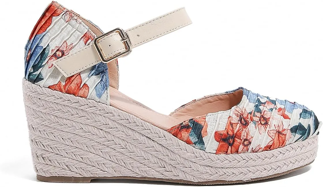 SHODENSE Women Espadrille Wedge Sandals Closed Round Toe Floral Printed Platform Espadrilles Sandals Lace Up Ankle T-Strap Wedge Heel Summer Shoes Cutout for Daily Office Comfort Lightweight 6-11 M US