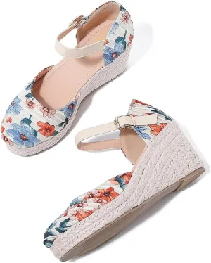 SHODENSE Women Espadrille Wedge Sandals Closed Round Toe Floral Printed Platform Espadrilles Sandals Lace Up Ankle T-Strap Wedge Heel Summer Shoes Cutout for Daily Office Comfort Lightweight 6-11 M US