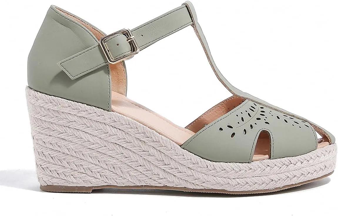 SHODENSE Women Espadrille Wedge Sandals Closed Round Toe Floral Printed Platform Espadrilles Sandals Lace Up Ankle T-Strap Wedge Heel Summer Shoes Cutout for Daily Office Comfort Lightweight 6-11 M US
