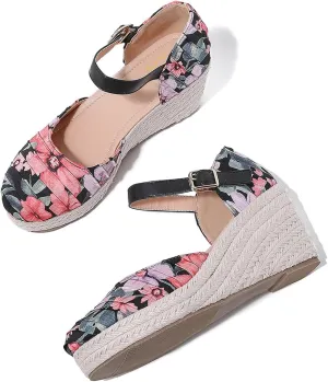 SHODENSE Women Espadrille Wedge Sandals Closed Round Toe Floral Printed Platform Espadrilles Sandals Lace Up Ankle T-Strap Wedge Heel Summer Shoes Cutout for Daily Office Comfort Lightweight 6-11 M US
