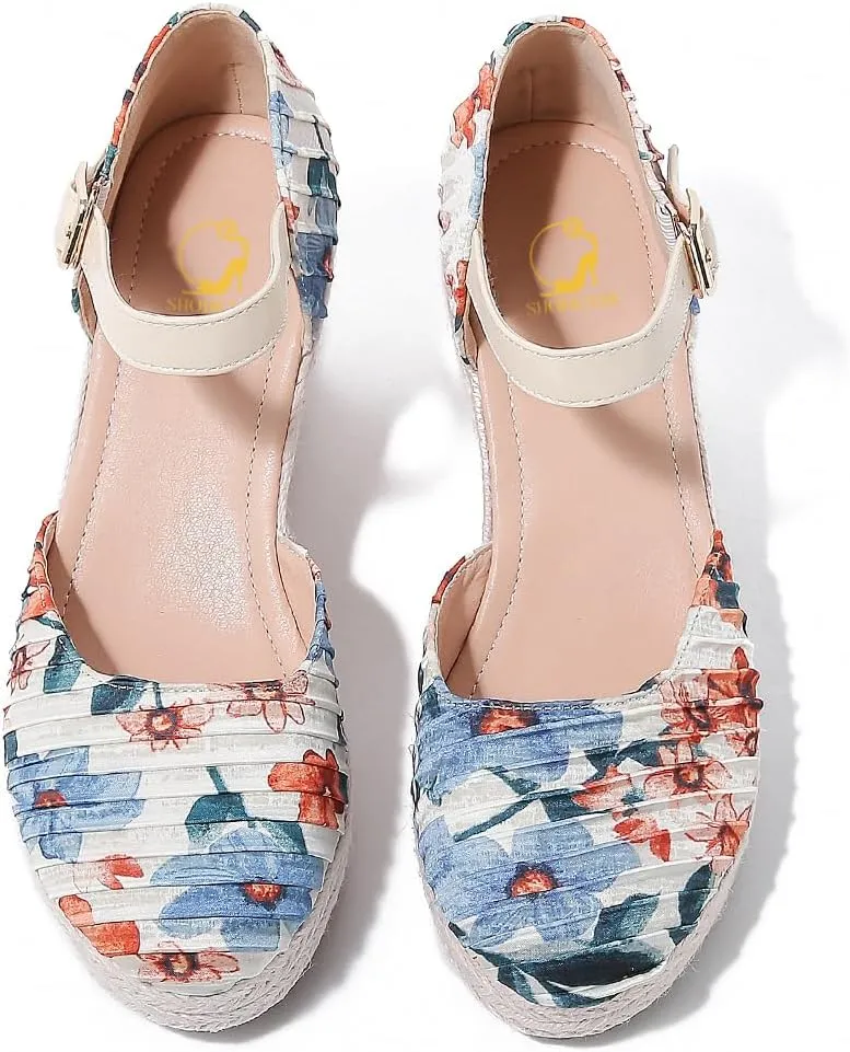 SHODENSE Women Espadrille Wedge Sandals Closed Round Toe Floral Printed Platform Espadrilles Sandals Lace Up Ankle T-Strap Wedge Heel Summer Shoes Cutout for Daily Office Comfort Lightweight 6-11 M US