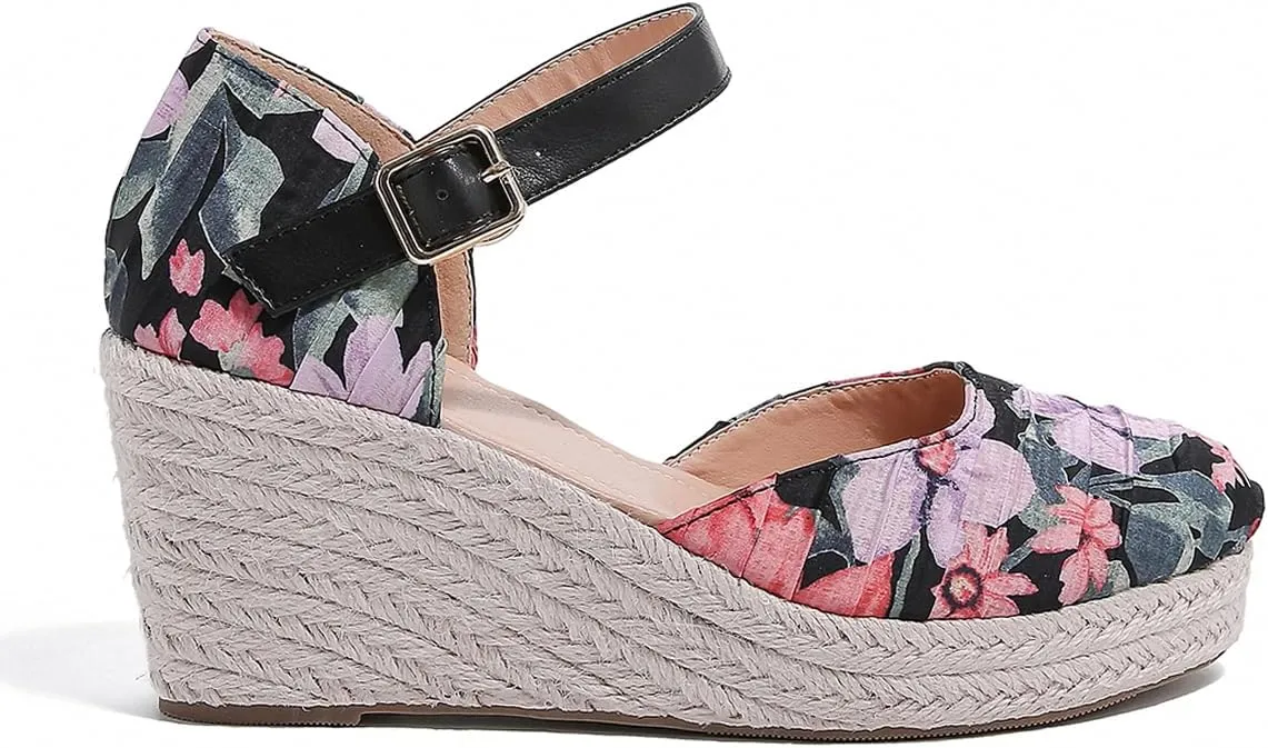 SHODENSE Women Espadrille Wedge Sandals Closed Round Toe Floral Printed Platform Espadrilles Sandals Lace Up Ankle T-Strap Wedge Heel Summer Shoes Cutout for Daily Office Comfort Lightweight 6-11 M US