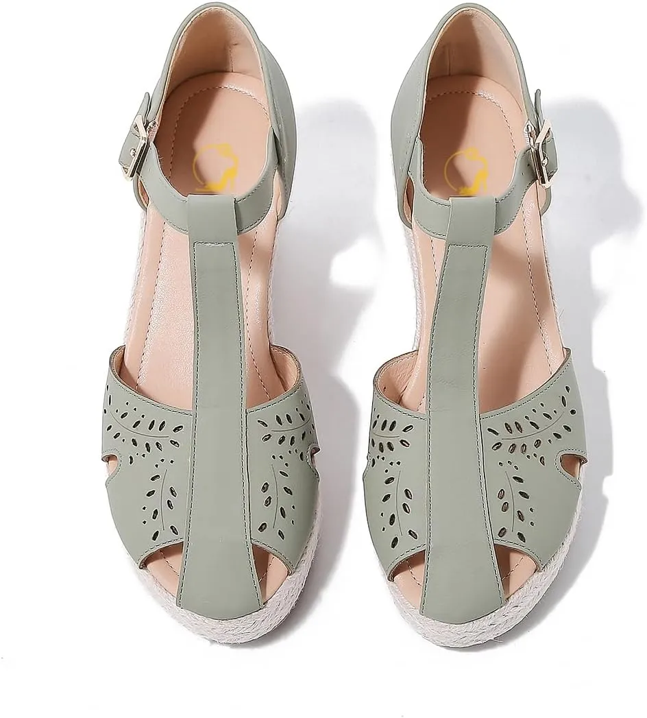 SHODENSE Women Espadrille Wedge Sandals Closed Round Toe Floral Printed Platform Espadrilles Sandals Lace Up Ankle T-Strap Wedge Heel Summer Shoes Cutout for Daily Office Comfort Lightweight 6-11 M US
