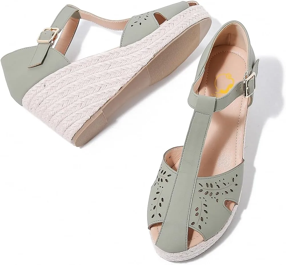 SHODENSE Women Espadrille Wedge Sandals Closed Round Toe Floral Printed Platform Espadrilles Sandals Lace Up Ankle T-Strap Wedge Heel Summer Shoes Cutout for Daily Office Comfort Lightweight 6-11 M US