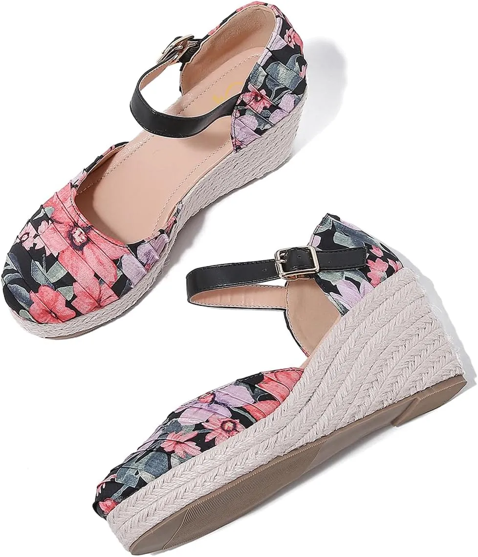 SHODENSE Women Espadrille Wedge Sandals Closed Round Toe Floral Printed Platform Espadrilles Sandals Lace Up Ankle T-Strap Wedge Heel Summer Shoes Cutout for Daily Office Comfort Lightweight 6-11 M US