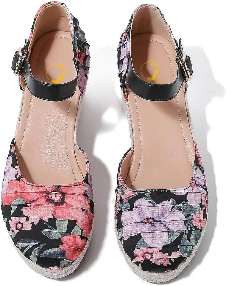 SHODENSE Women Espadrille Wedge Sandals Closed Round Toe Floral Printed Platform Espadrilles Sandals Lace Up Ankle T-Strap Wedge Heel Summer Shoes Cutout for Daily Office Comfort Lightweight 6-11 M US