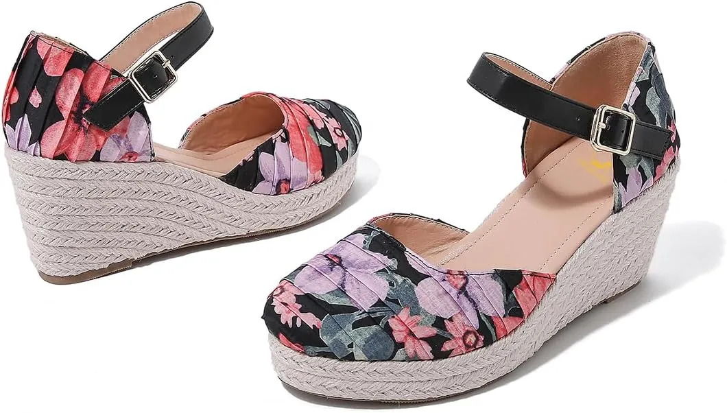 SHODENSE Women Espadrille Wedge Sandals Closed Round Toe Floral Printed Platform Espadrilles Sandals Lace Up Ankle T-Strap Wedge Heel Summer Shoes Cutout for Daily Office Comfort Lightweight 6-11 M US