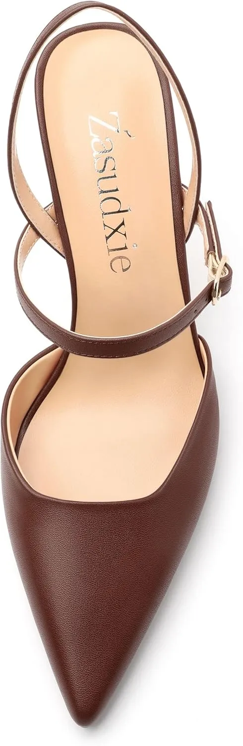 Slingback Pumps for Women, Pointed Toe Stiletto High Heels Ankle Strap Buckle Heeled Sandals Party Dress Shoes 3.35 Inch