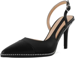 Soireelady Womens Sling Back Heels Pointed Cap Toe Beaded Pumps Stilettos High Heel Pumps Slip On D'Orsay Heels Dress Shoes Wedding 3.5 Inch