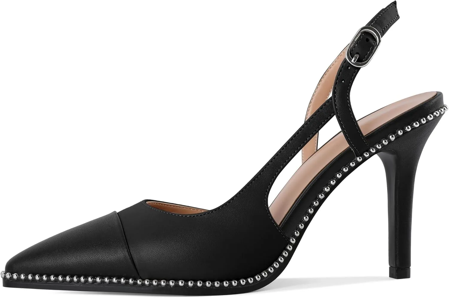 Soireelady Womens Sling Back Heels Pointed Cap Toe Beaded Pumps Stilettos High Heel Pumps Slip On D'Orsay Heels Dress Shoes Wedding 3.5 Inch