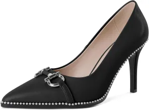 Soireelady Women's Stilettos Beaded Pumps High Stiletto Closed Pointed Toe Heels Buckle Bow Slip On Fashion Dress Shoes 3.5 Inches Black Matte US Size 13