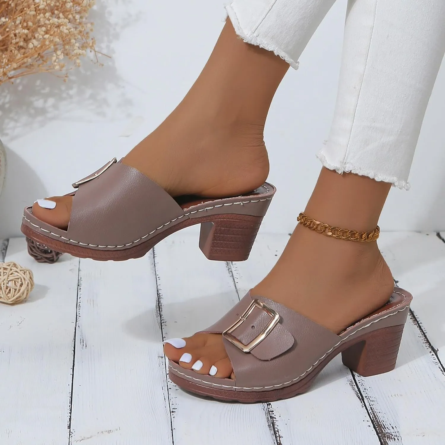 Strappy Chunky Block Low Heeled Sandals Open Toe Heel Square Buckle One Line High Heel Slippers