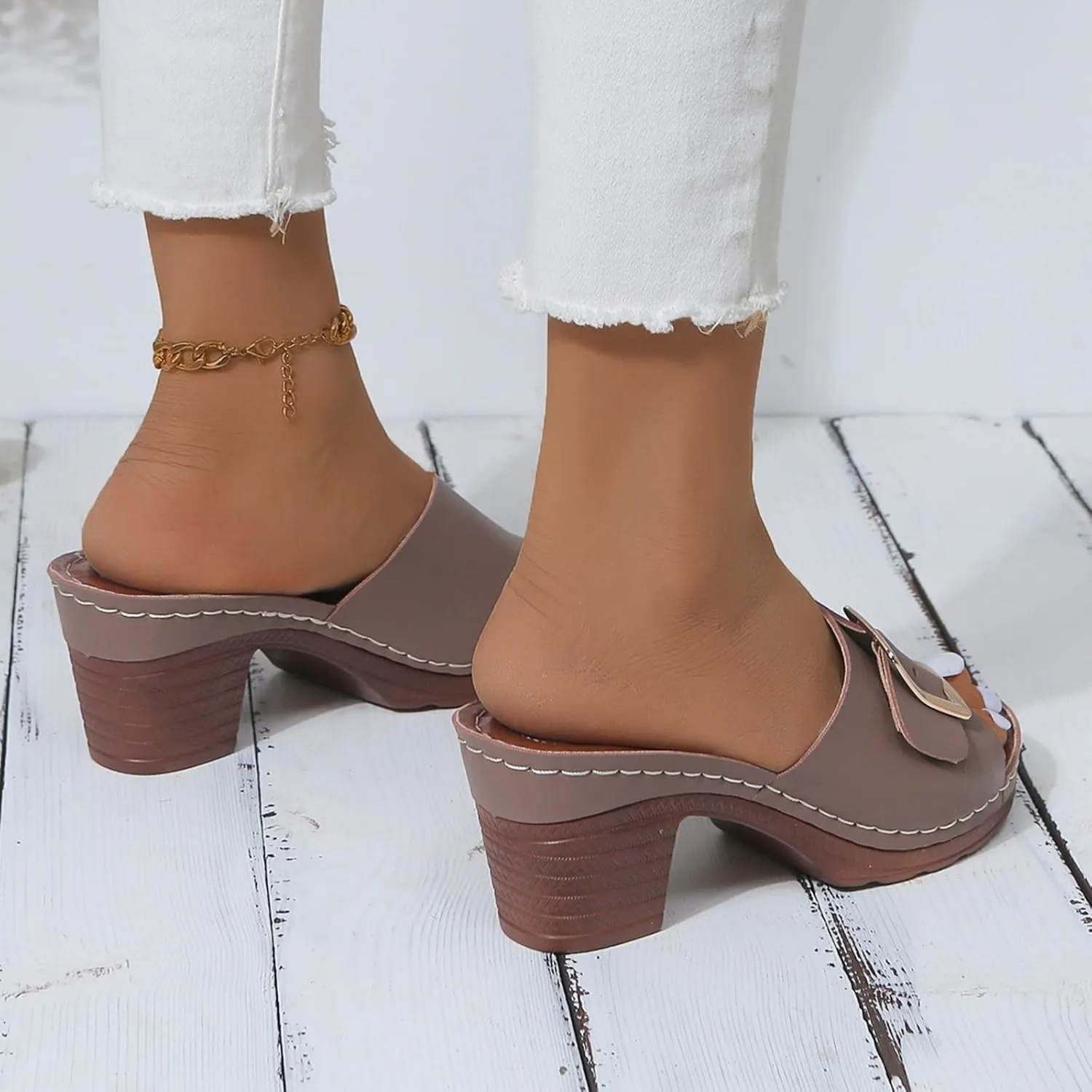Strappy Chunky Block Low Heeled Sandals Open Toe Heel Square Buckle One Line High Heel Slippers