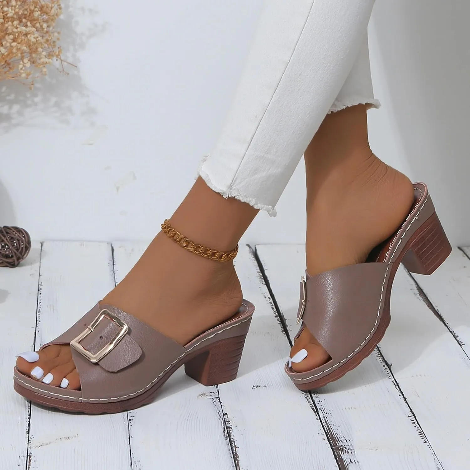 Strappy Chunky Block Low Heeled Sandals Open Toe Heel Square Buckle One Line High Heel Slippers