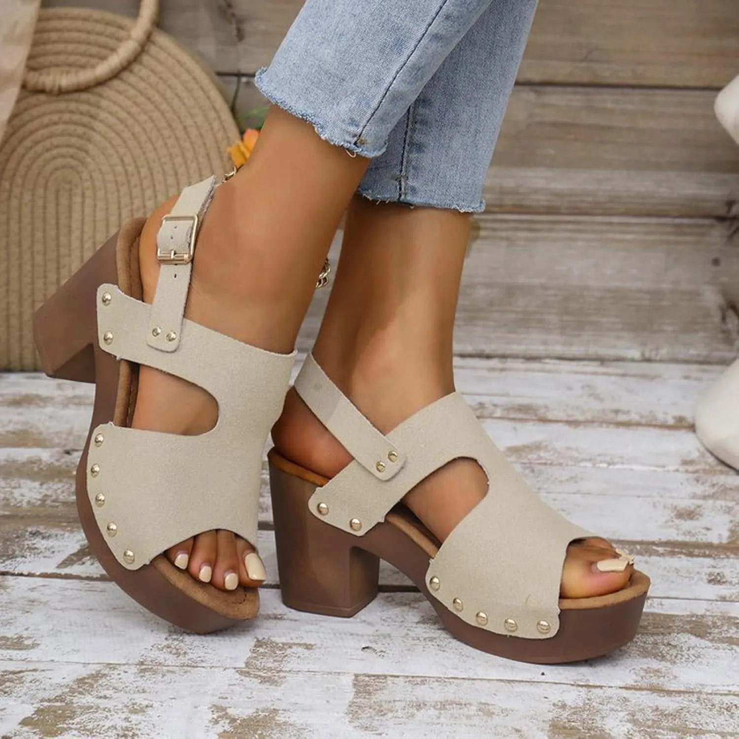 SuanlaTDS Chunky Heels Sandals for Women 2025 Dressy Summer Block High Heel Peep Toe Buckle Ankle Strap Platform Slingback Heeled Sandal Outdoor Party Wedding Beach Dress Shoes Daily Wear Pumps