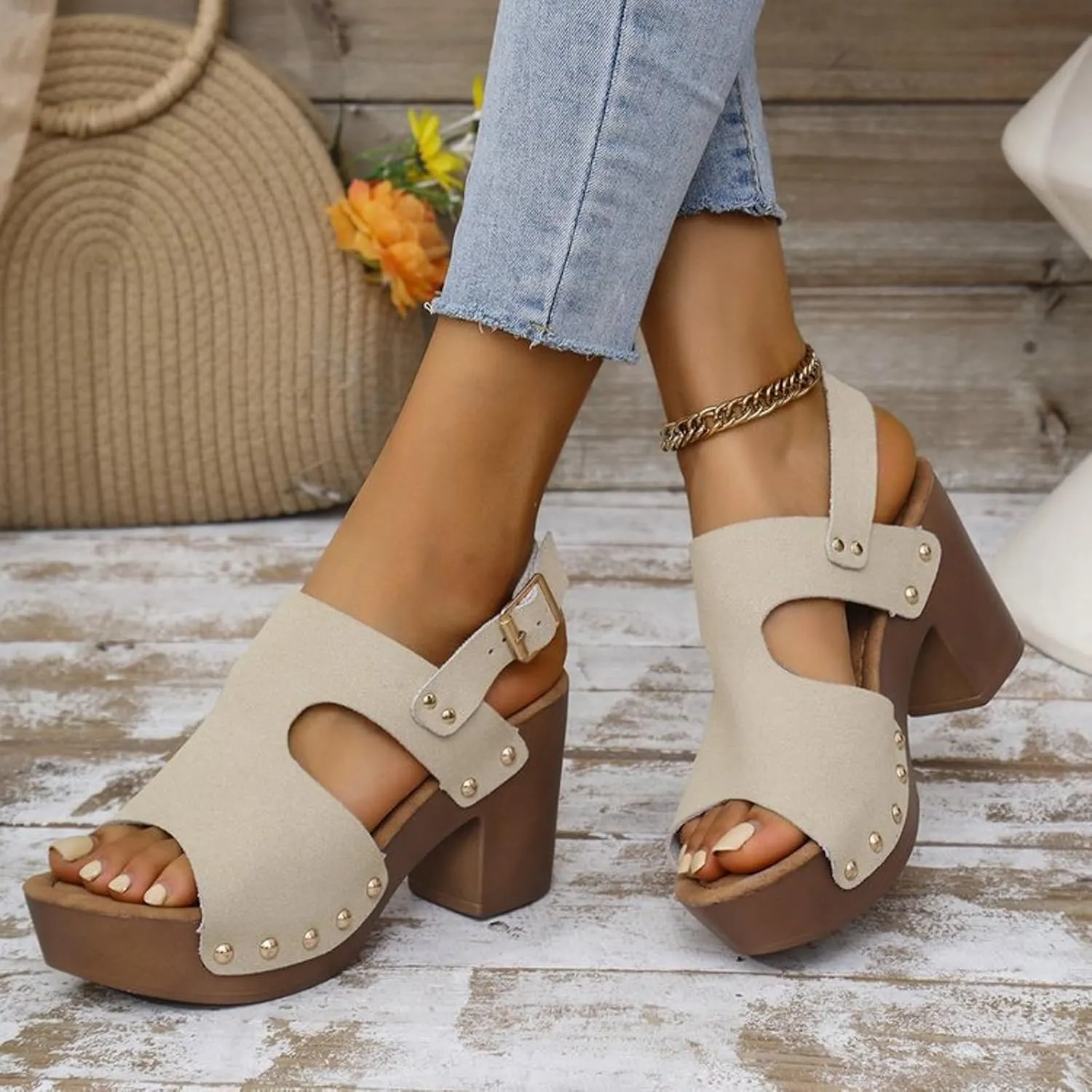 SuanlaTDS Chunky Heels Sandals for Women 2025 Dressy Summer Block High Heel Peep Toe Buckle Ankle Strap Platform Slingback Heeled Sandal Outdoor Party Wedding Beach Dress Shoes Daily Wear Pumps
