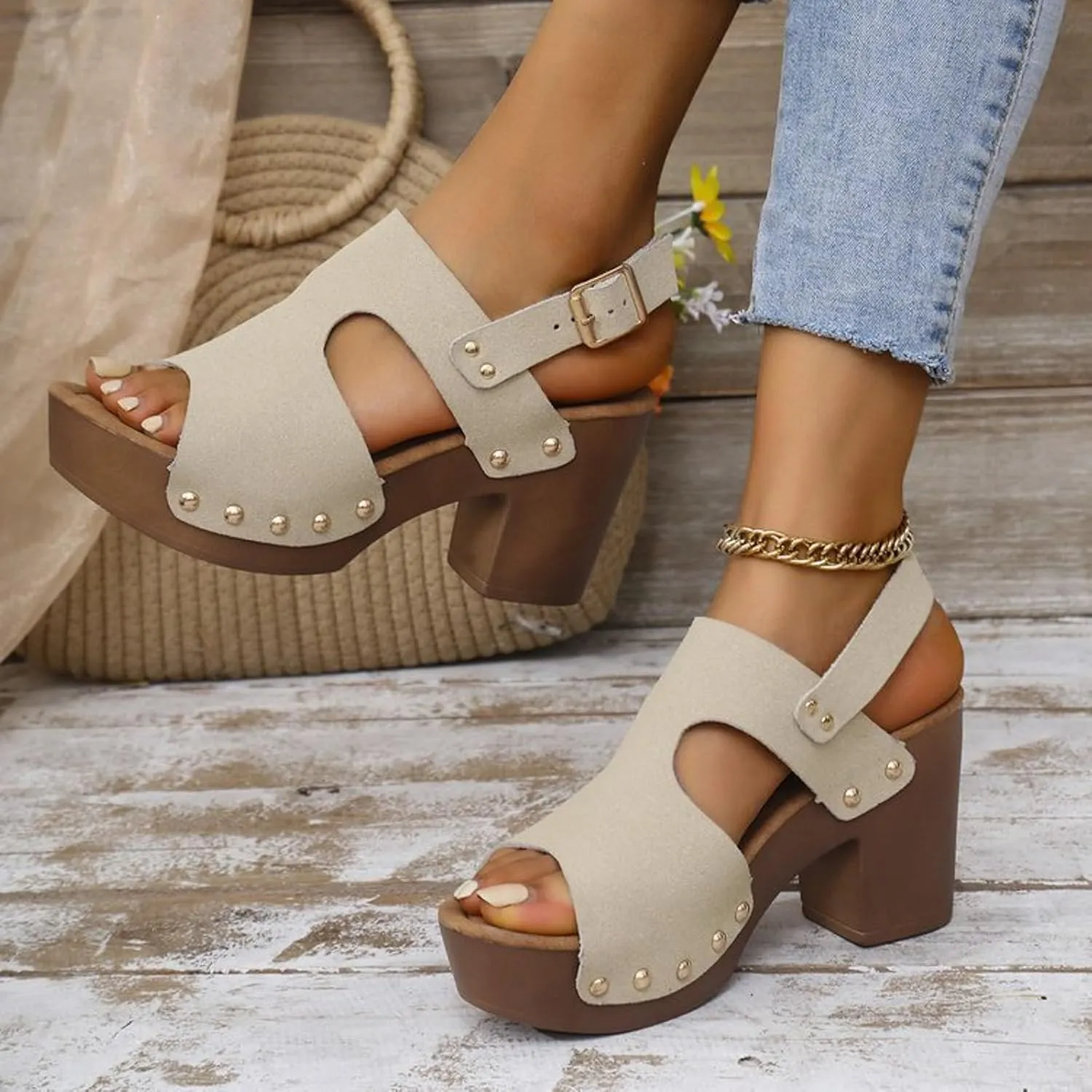 SuanlaTDS Chunky Heels Sandals for Women 2025 Dressy Summer Block High Heel Peep Toe Buckle Ankle Strap Platform Slingback Heeled Sandal Outdoor Party Wedding Beach Dress Shoes Daily Wear Pumps