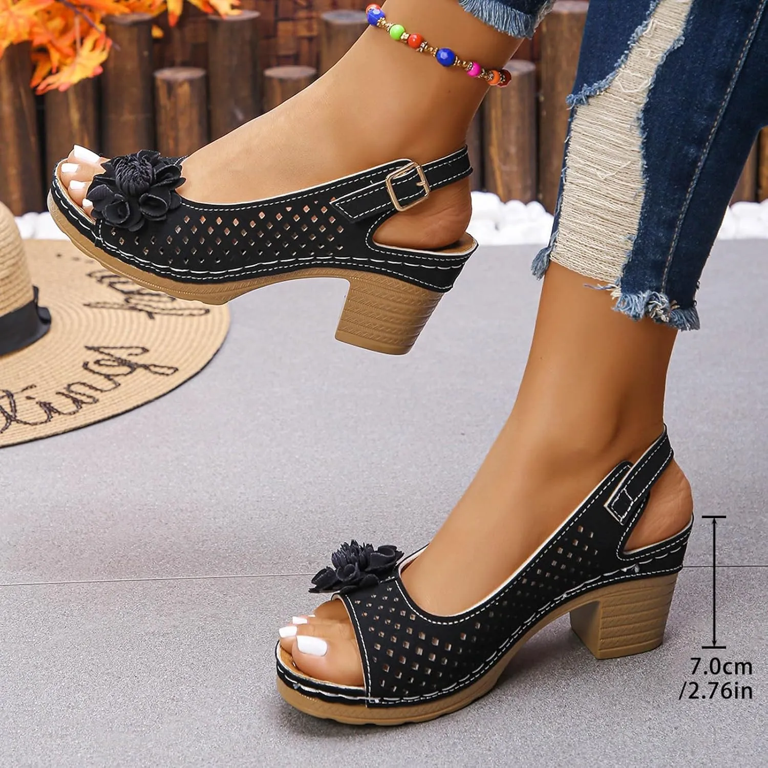 SuanlaTDS Women's Chunky Block Heels Sandals 2025 Dressy Hollow Out Open Toe Buckle Strap Slingback Slip-on Platform Summer Wedding Party Dress Comfortable Daily Wear Block Heeled Sandal