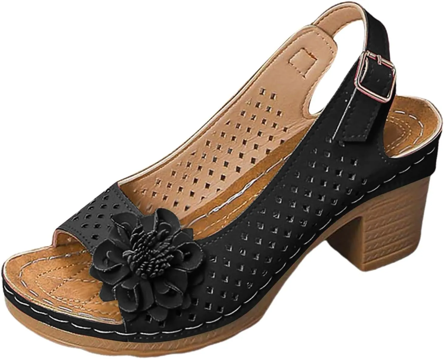 SuanlaTDS Women's Chunky Block Heels Sandals 2025 Dressy Hollow Out Open Toe Buckle Strap Slingback Slip-on Platform Summer Wedding Party Dress Comfortable Daily Wear Block Heeled Sandal
