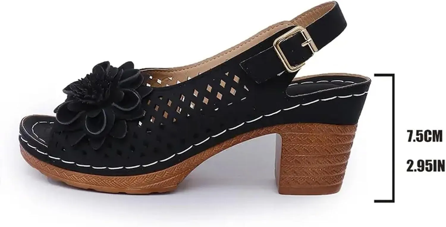 SuanlaTDS Women's Chunky Block Heels Sandals 2025 Dressy Hollow Out Open Toe Buckle Strap Slingback Slip-on Platform Summer Wedding Party Dress Comfortable Daily Wear Block Heeled Sandal