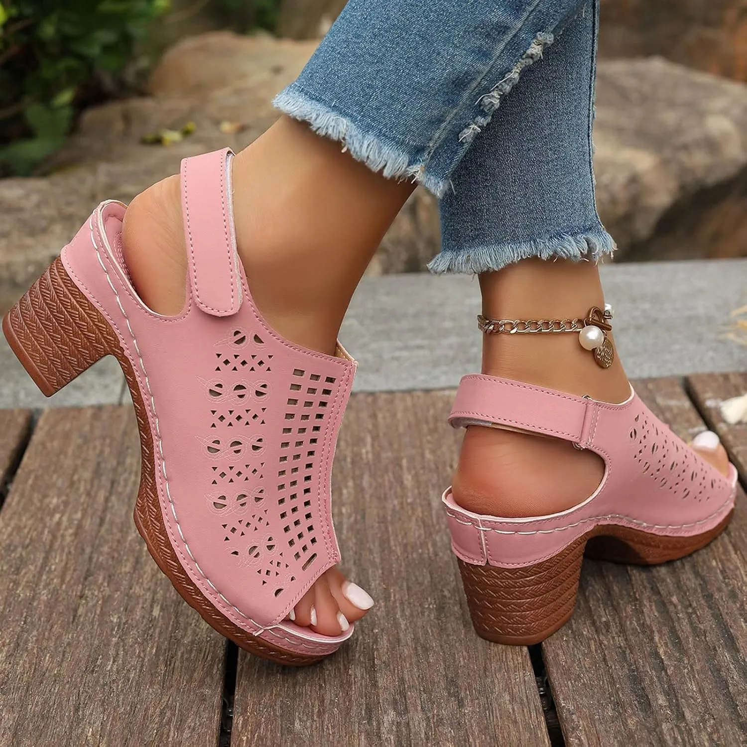 SuanlaTDS Women's Heeled Sandals Dressy Chunky Block Heels Peep Toe Ankle Strap Platform Hollow Out Slingback 2025 Elegant Summer Comfortable Party Dress High Heel Sandal Wedding Shoes