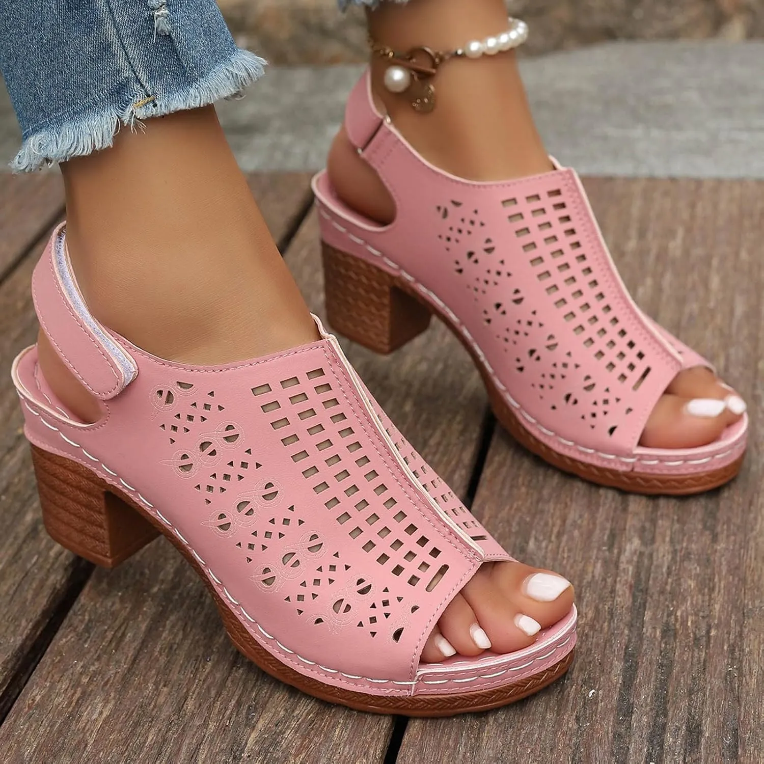 SuanlaTDS Women's Heeled Sandals Dressy Chunky Block Heels Peep Toe Ankle Strap Platform Hollow Out Slingback 2025 Elegant Summer Comfortable Party Dress High Heel Sandal Wedding Shoes