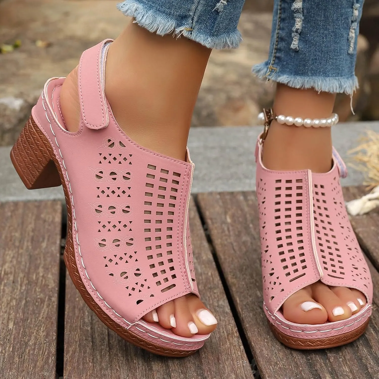 SuanlaTDS Women's Heeled Sandals Dressy Chunky Block Heels Peep Toe Ankle Strap Platform Hollow Out Slingback 2025 Elegant Summer Comfortable Party Dress High Heel Sandal Wedding Shoes