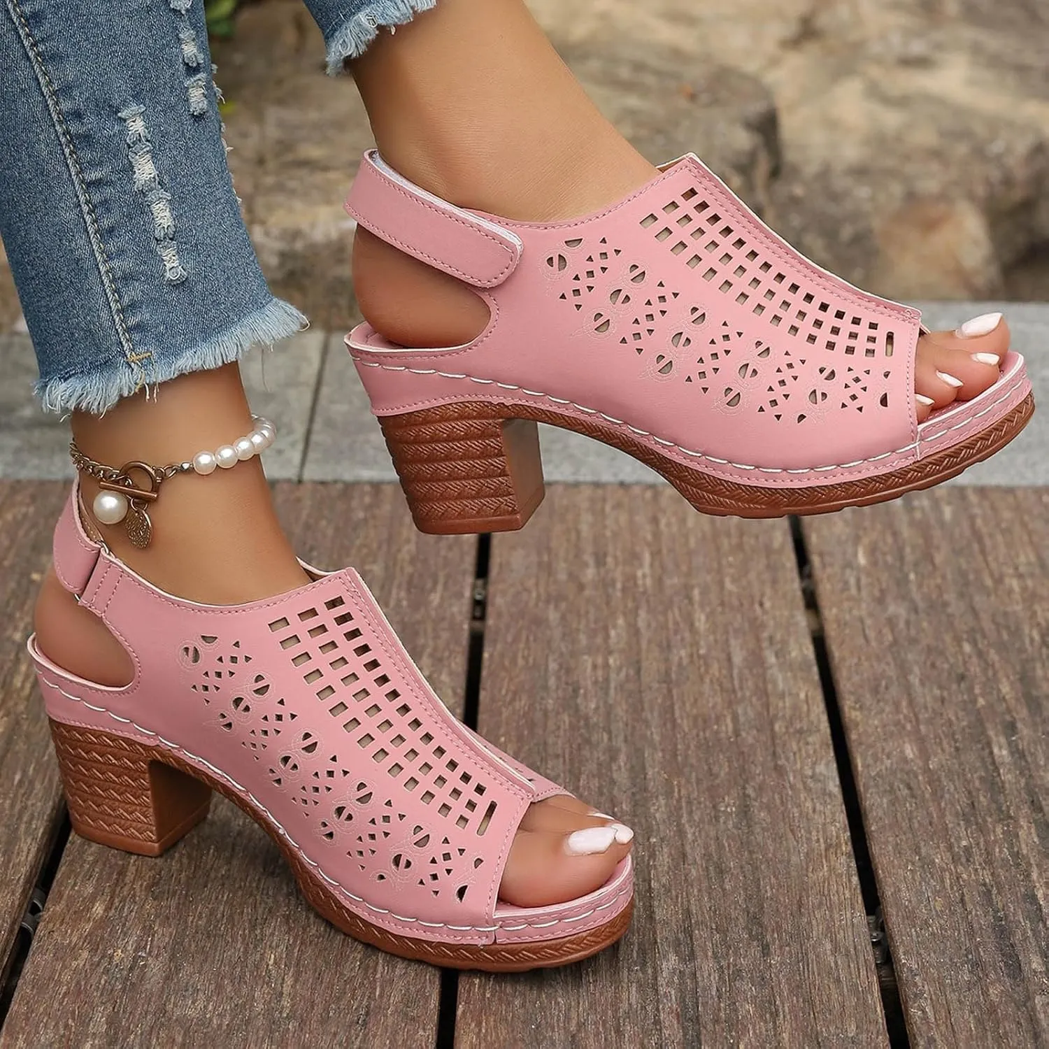 SuanlaTDS Women's Heeled Sandals Dressy Chunky Block Heels Peep Toe Ankle Strap Platform Hollow Out Slingback 2025 Elegant Summer Comfortable Party Dress High Heel Sandal Wedding Shoes