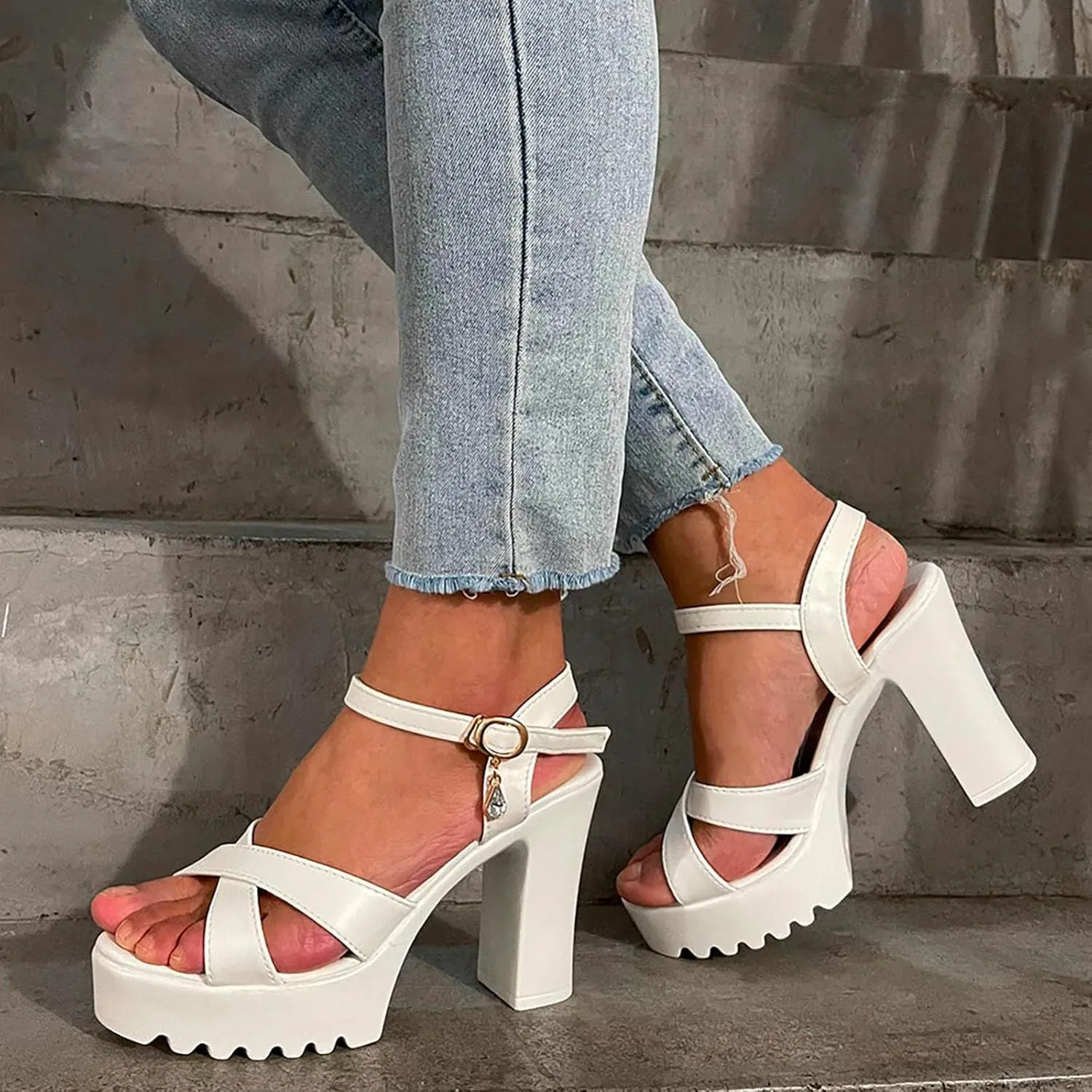 SuanlaTDS Women's High Heel Sandals Platform 2025 Crisscross Open Toe Buckle Ankle Strap Chunky Block Heels Dressy Summer Elegant Daily Wear Slingback Heeled Sandal for Outdoor Wedding Party