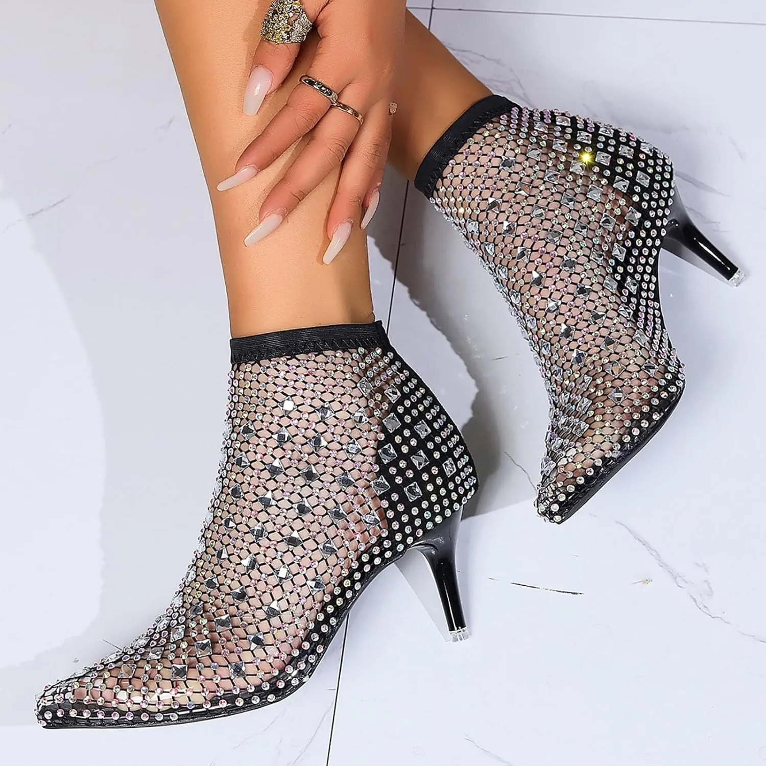 SuanlaTDS Women's High Heels Sandals 2025 Summer Stiletto Heel Ankle Boots Sexy Rhinestones Mesh Pointed Toe Mid Calf Short Booties Wedding Party Banquet Beach Dressy Heeled Sandal Dress Shoes